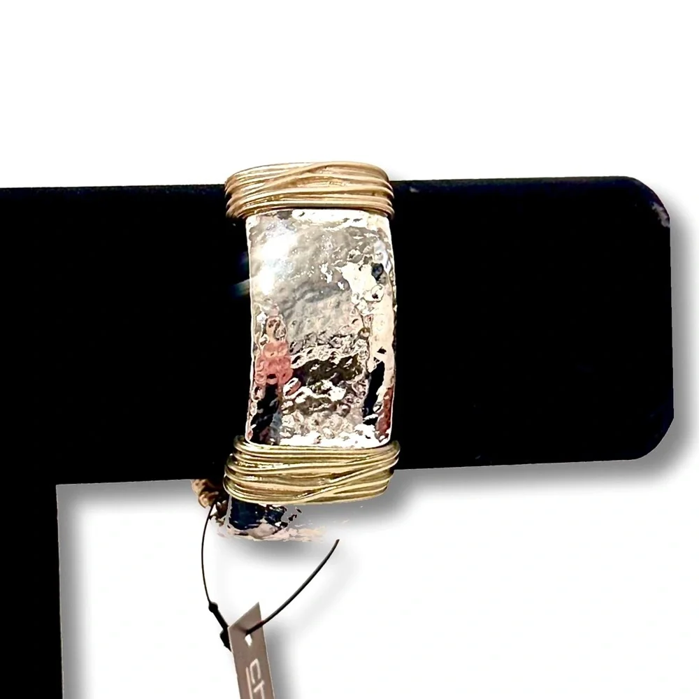 Chico's Two-Tone Hammered Silver and Gold Wide Cuff Bracelet